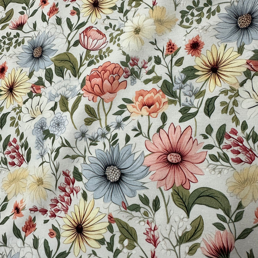 Pink and Blue Daisies on Organic Cotton/Spandex Jersey Fabric