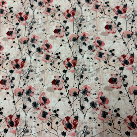Red and Tan Blossoms on Bamboo Stretch French Terry Fabric