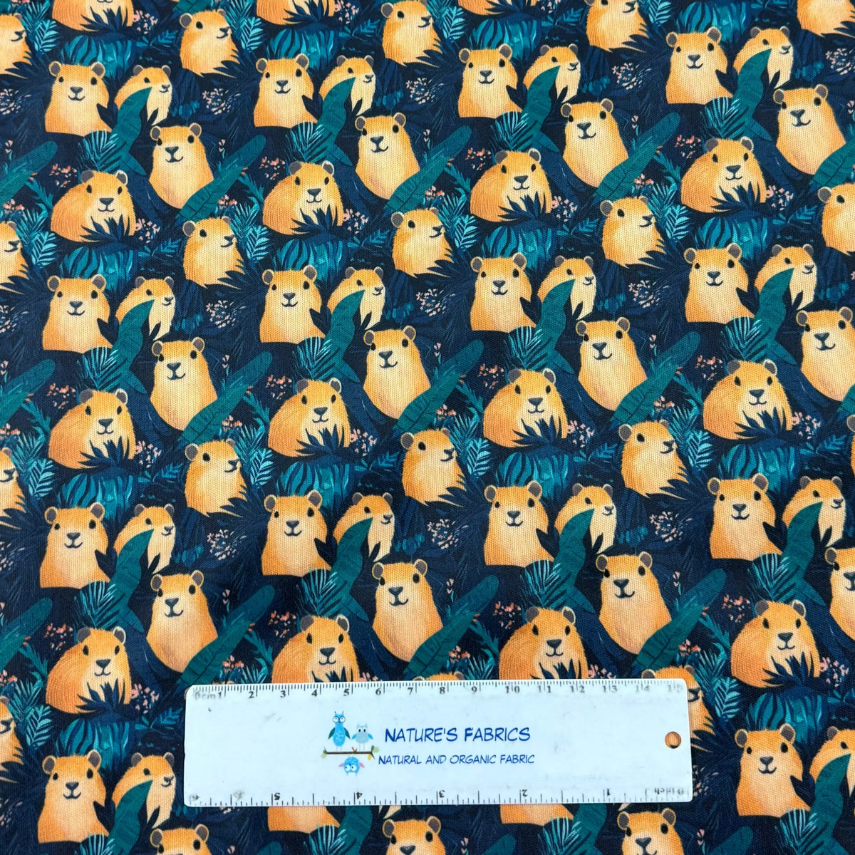 Cute capybara print fabric by Nature's Fabrics, featuring orange capybaras on dark blue with green leaves, ideal for organic cotton projects.