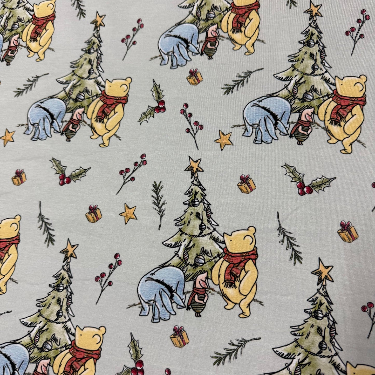 Winnie the Pooh Christmas on Green Bamboo/Spandex Jersey Fabric