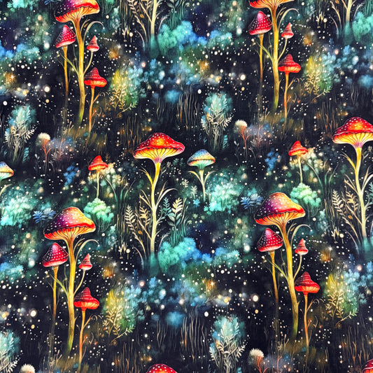 Nature's Fabrics enchanted forest pattern with glowing red mushrooms and mystical foliage