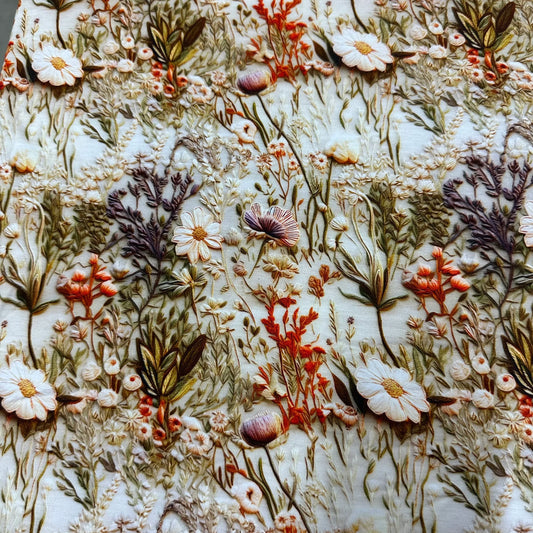 Detailed floral embroidery on natural cream fabric from Nature's Fabrics.