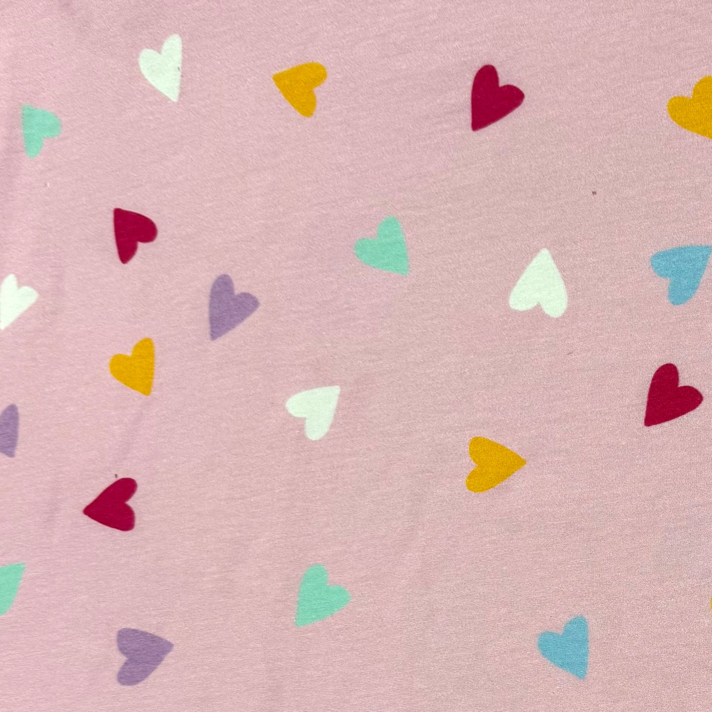 Rainbow Heart Toss on Pink Bamboo/Spandex Jersey Fabric - Printed in the USA
