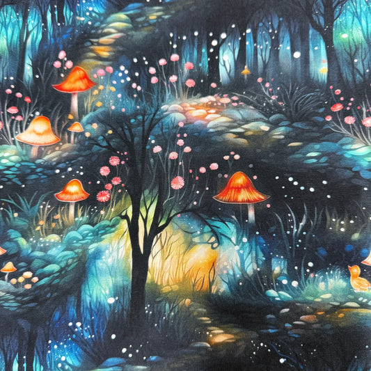 Nature's Fabrics mystical forest print with glowing red mushrooms and ethereal blue light.