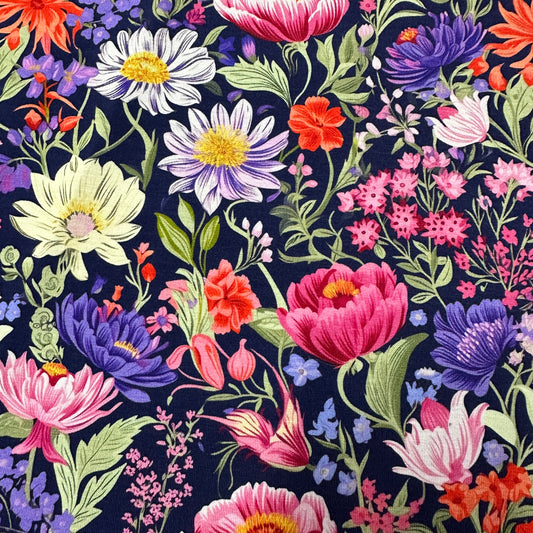Pink and Purple Flowers on Bamboo/Spandex Jersey Fabric