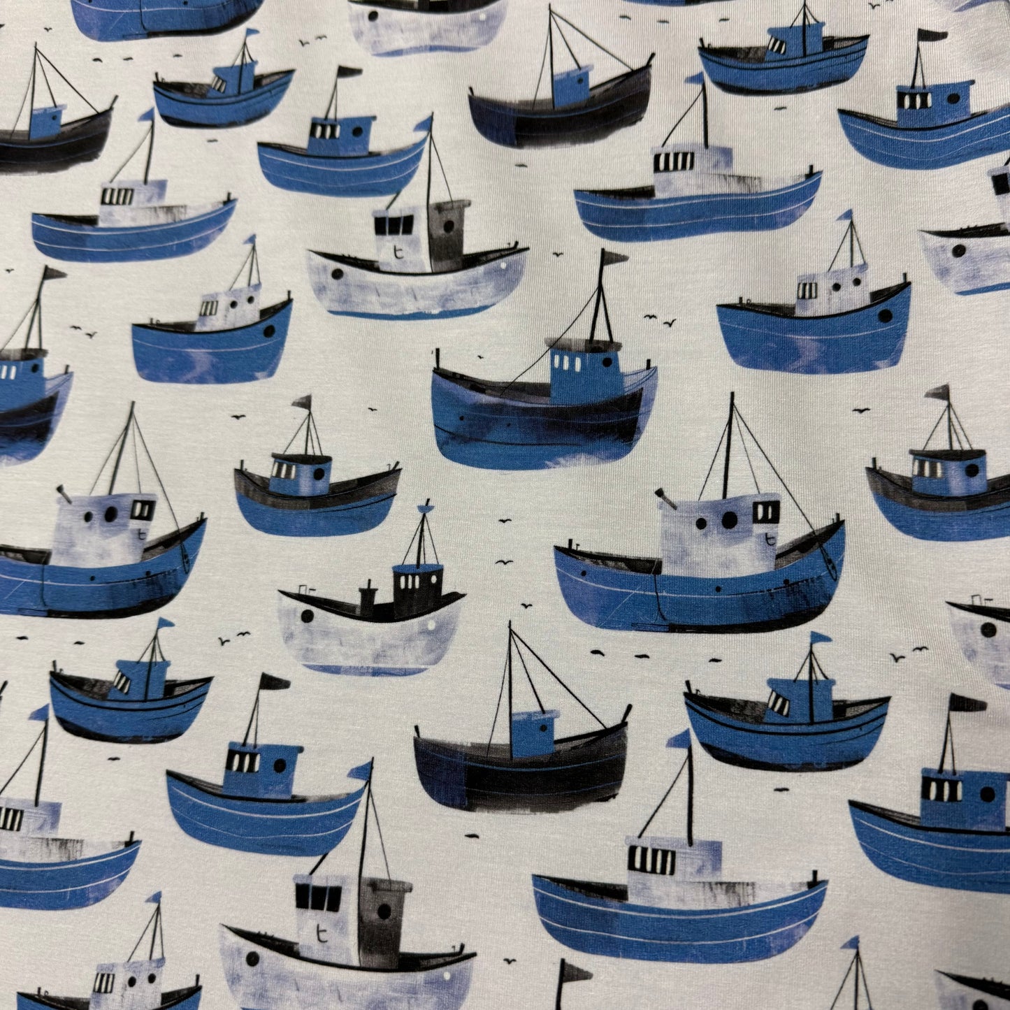 Blue Boats on Bamboo/Spandex Jersey Fabric