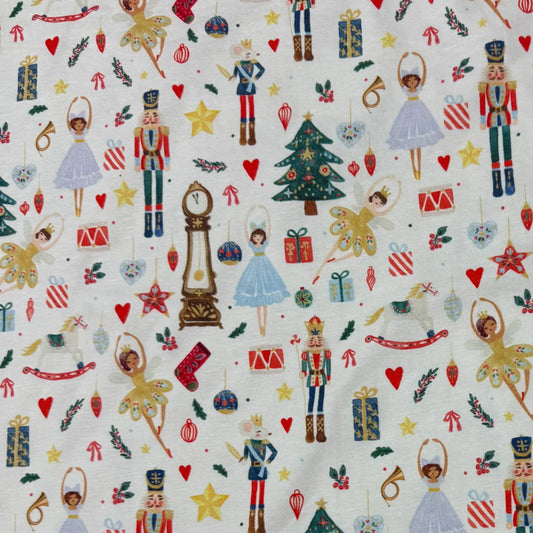 Nutcracker Ballet Christmas fabric with ballerinas, trees, gifts, and stars by Nature's Fabrics
