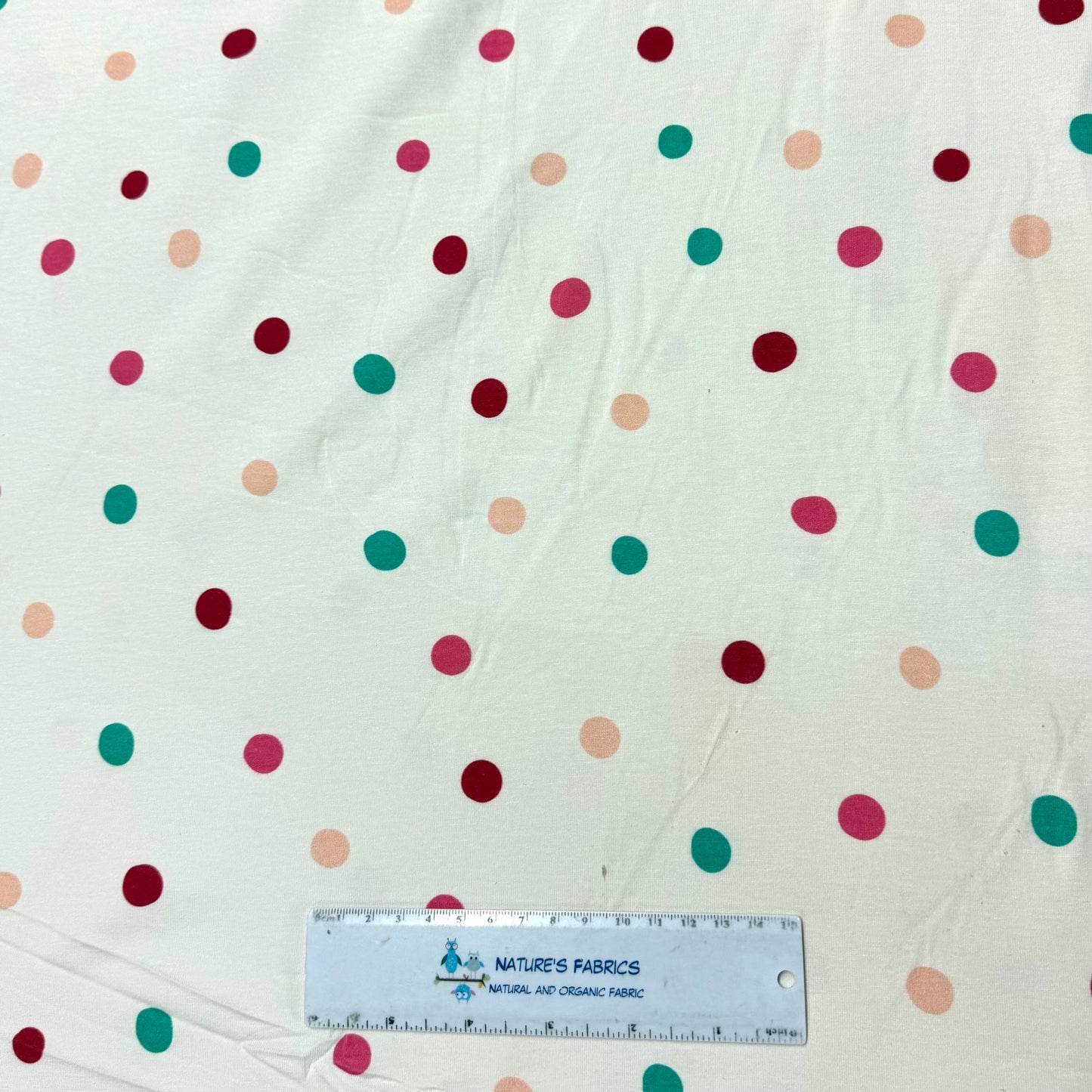 Pink, Rose and Teal Dots on Off White Bamboo/Spandex Jersey Fabric - Printed in the USA