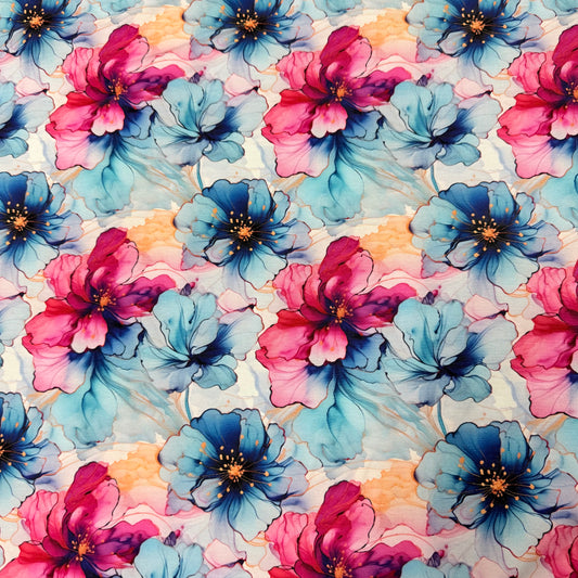Magenta and Blue Flowers on Bamboo/Spandex Jersey Fabric