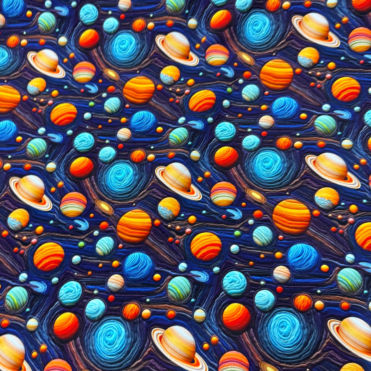 Embroidered Planets on Bamboo/Spandex Jersey Fabric