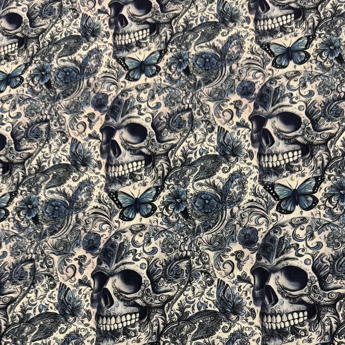 Blue Floral Skulls on Organic Cotton/Spandex Jersey Fabric