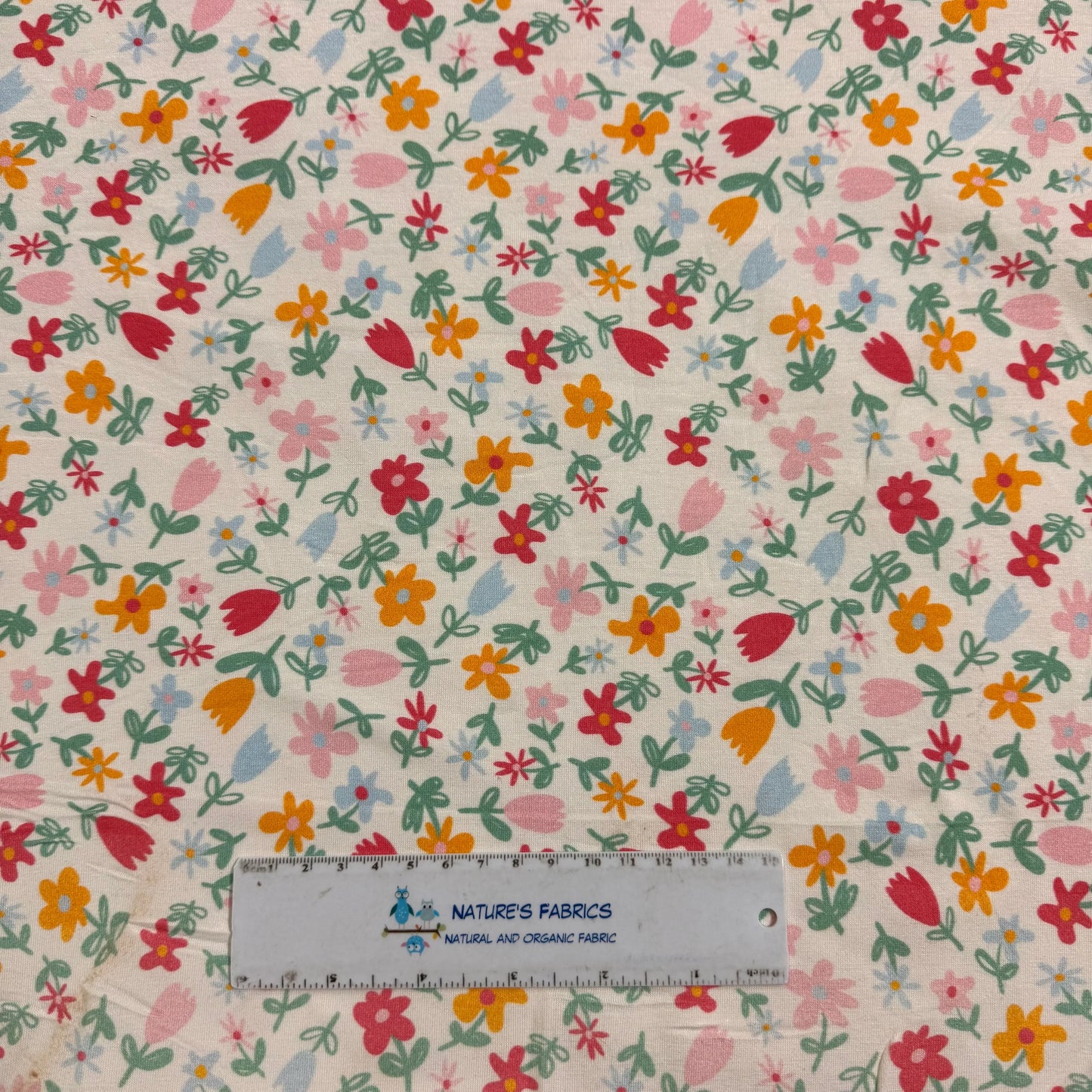 Coral Dainty Flowers on Off White Bamboo/Spandex Jersey Fabric - Printed in the USA