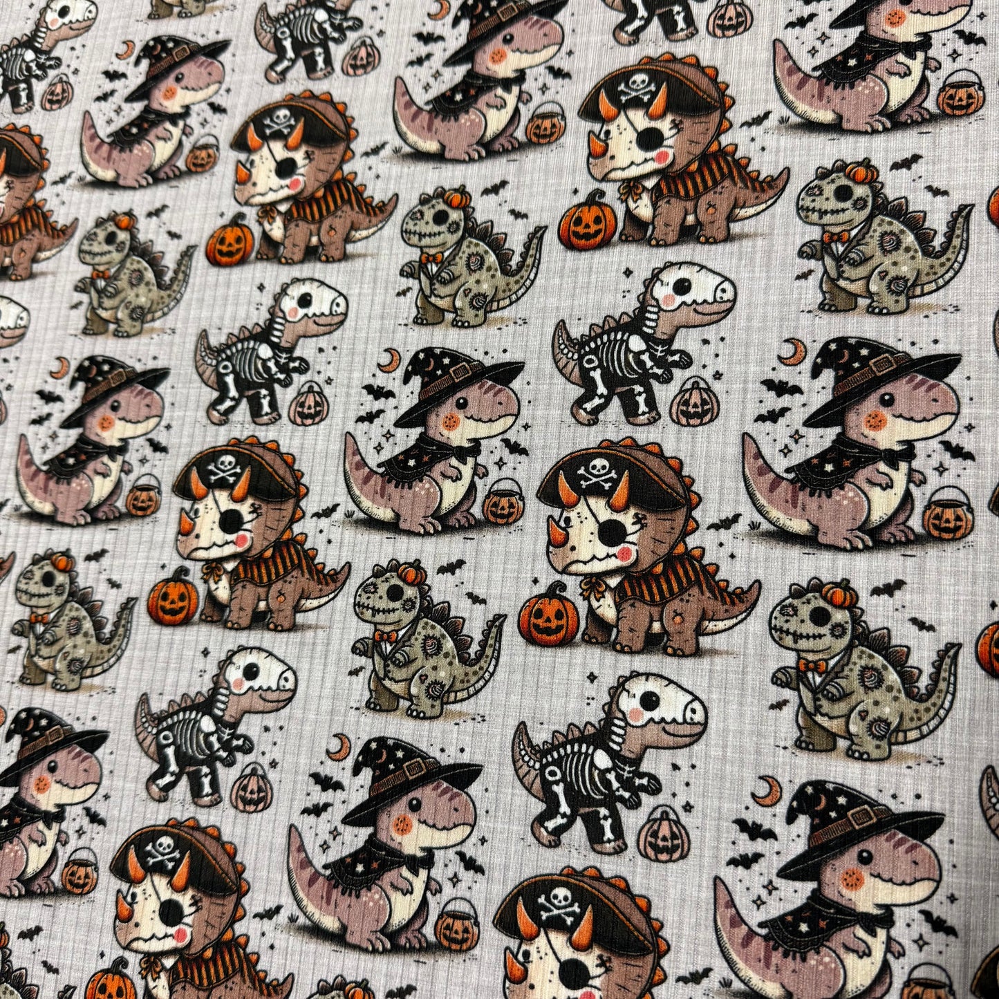 Halloween Dinos on Bamboo/Spandex Rib Knit Fabric