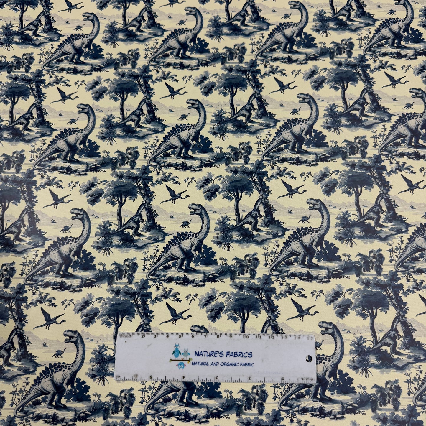 Blue Dino Toile on Smooth Vinyl Fabric