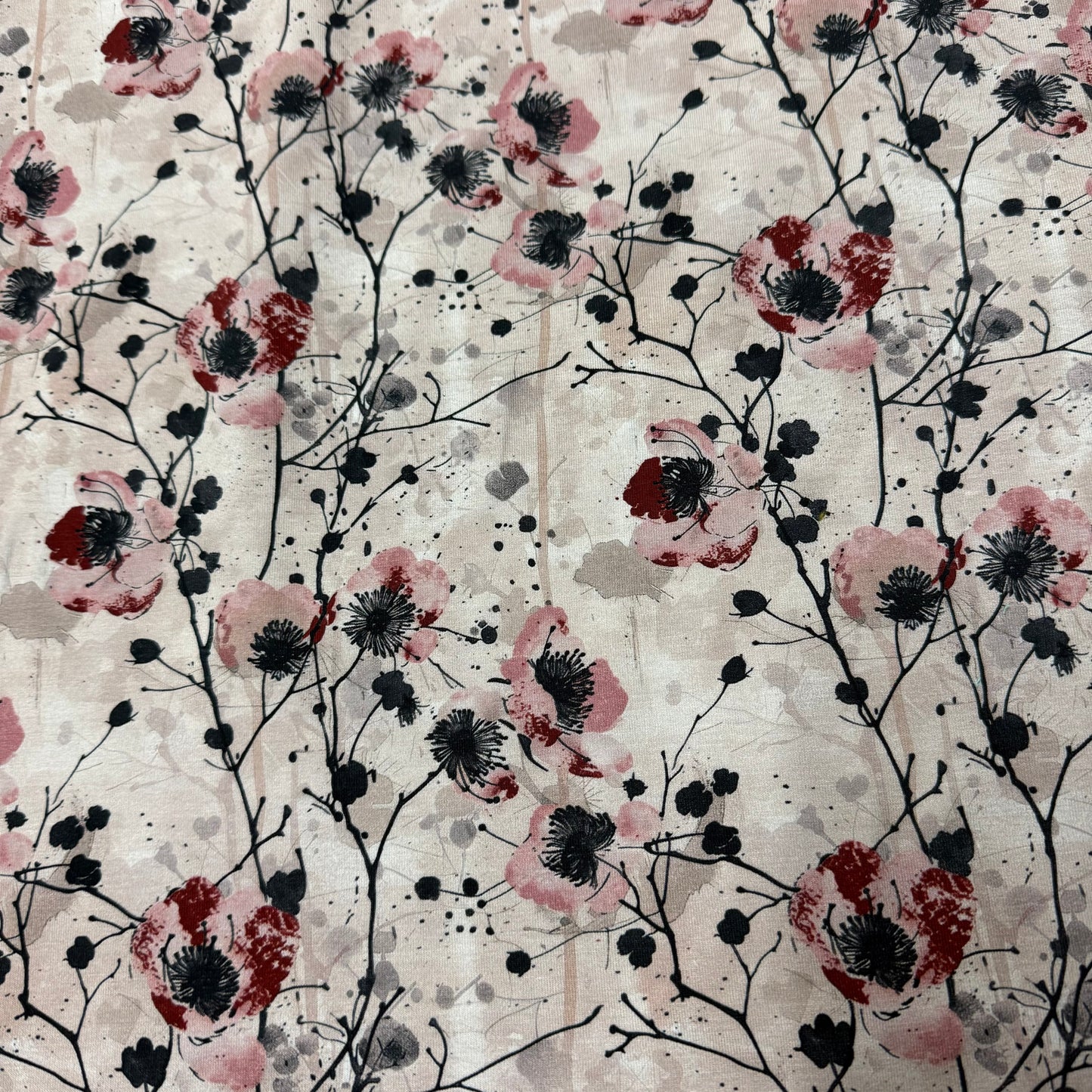 Red and Tan Blossoms on Bamboo Stretch French Terry Fabric