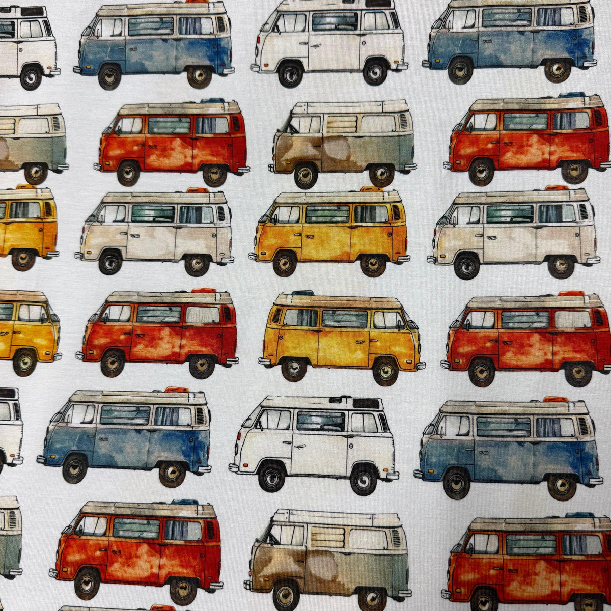 Vintage van pattern fabric by Nature's Fabrics, featuring colorful retro campers on natural material