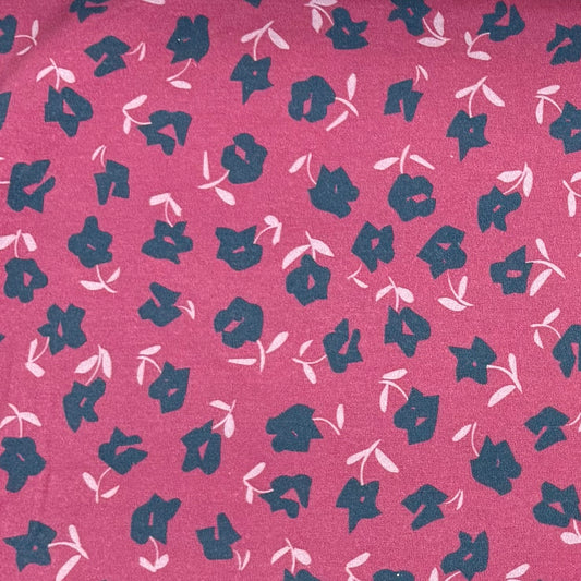 Blue Flowers on Rose Bamboo/Spandex Jersey Fabric - Printed in the USA