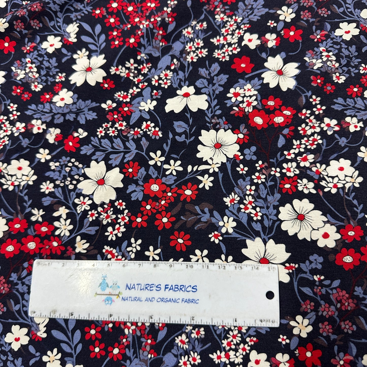 Red, White and Blue Floral on Organic Cotton/Spandex Jersey Fabric