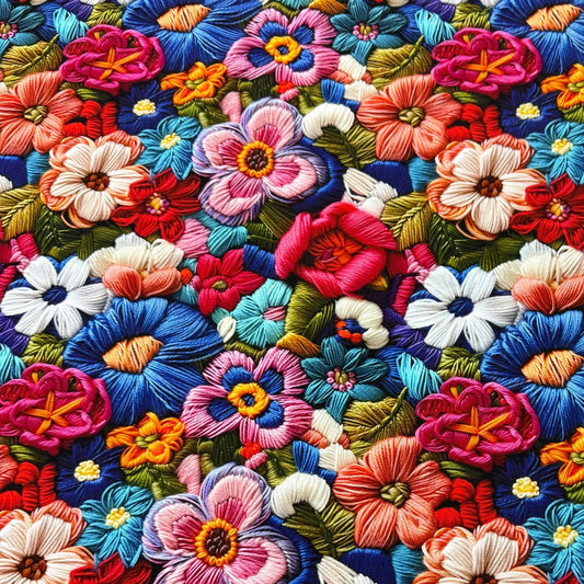 Close-up of Nature's Fabrics colorful embroidered floral pattern with 3D textured stitching.