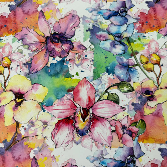 Nature's Fabrics watercolor orchid floral print in pink, purple, and blue tones.