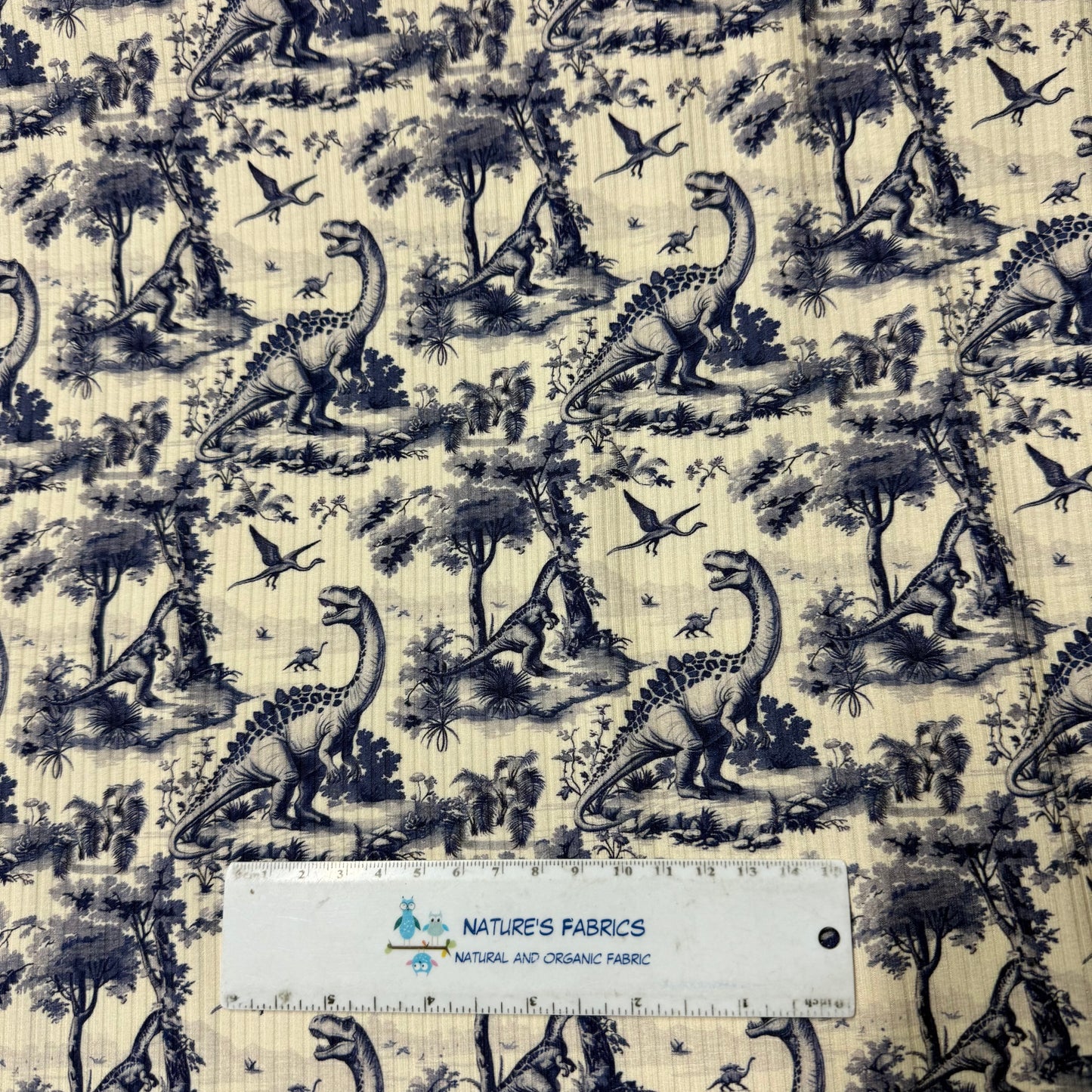 Blue Dino Toile on Bamboo/Spandex Rib Knit Fabric