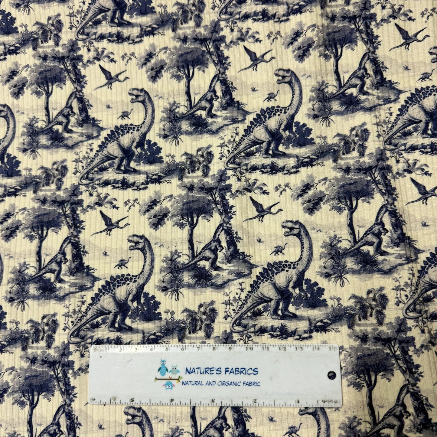 Blue Dino Toile on Bamboo/Spandex Rib Knit Fabric
