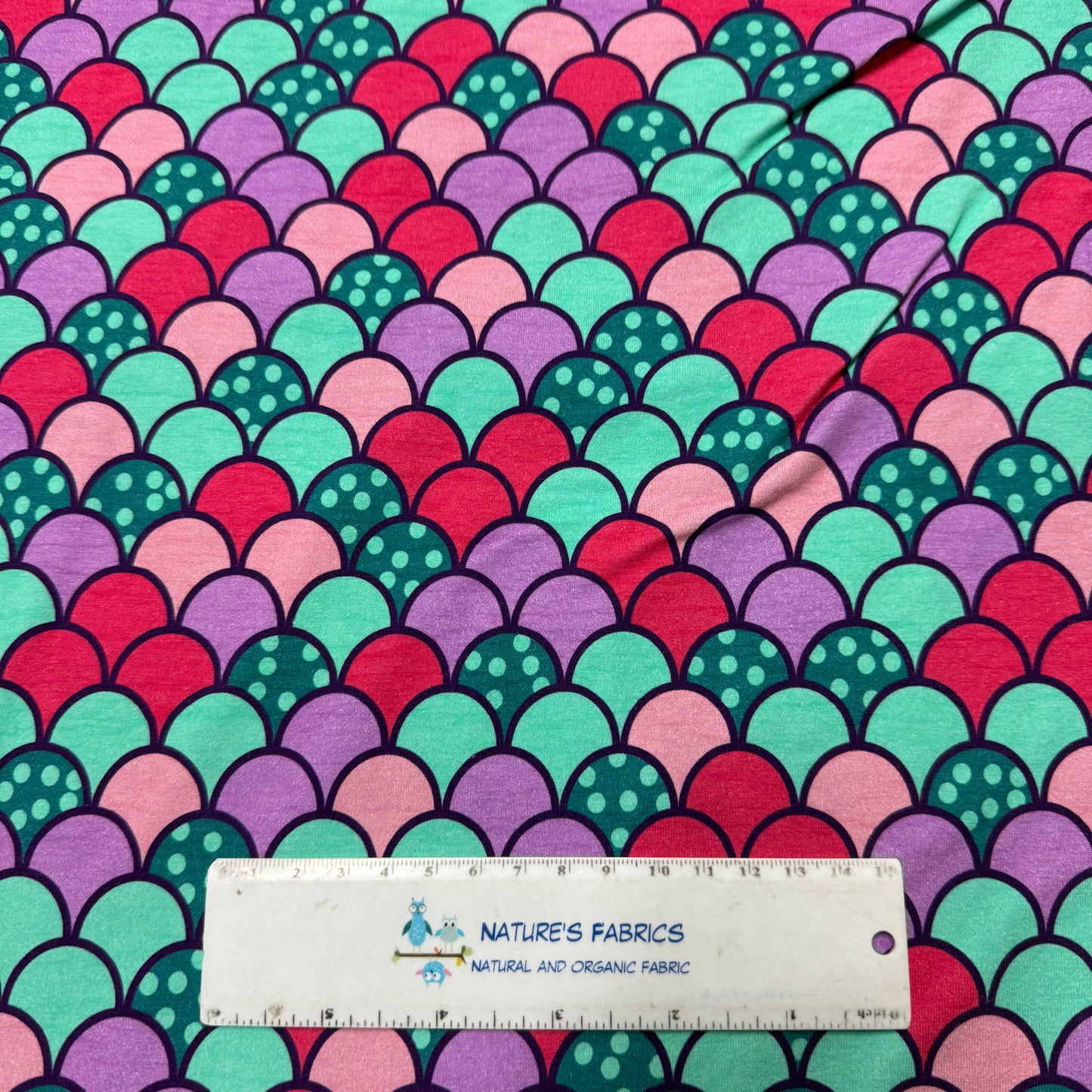 Pink and Purple Scales on Cotton/Spandex Jersey Fabric