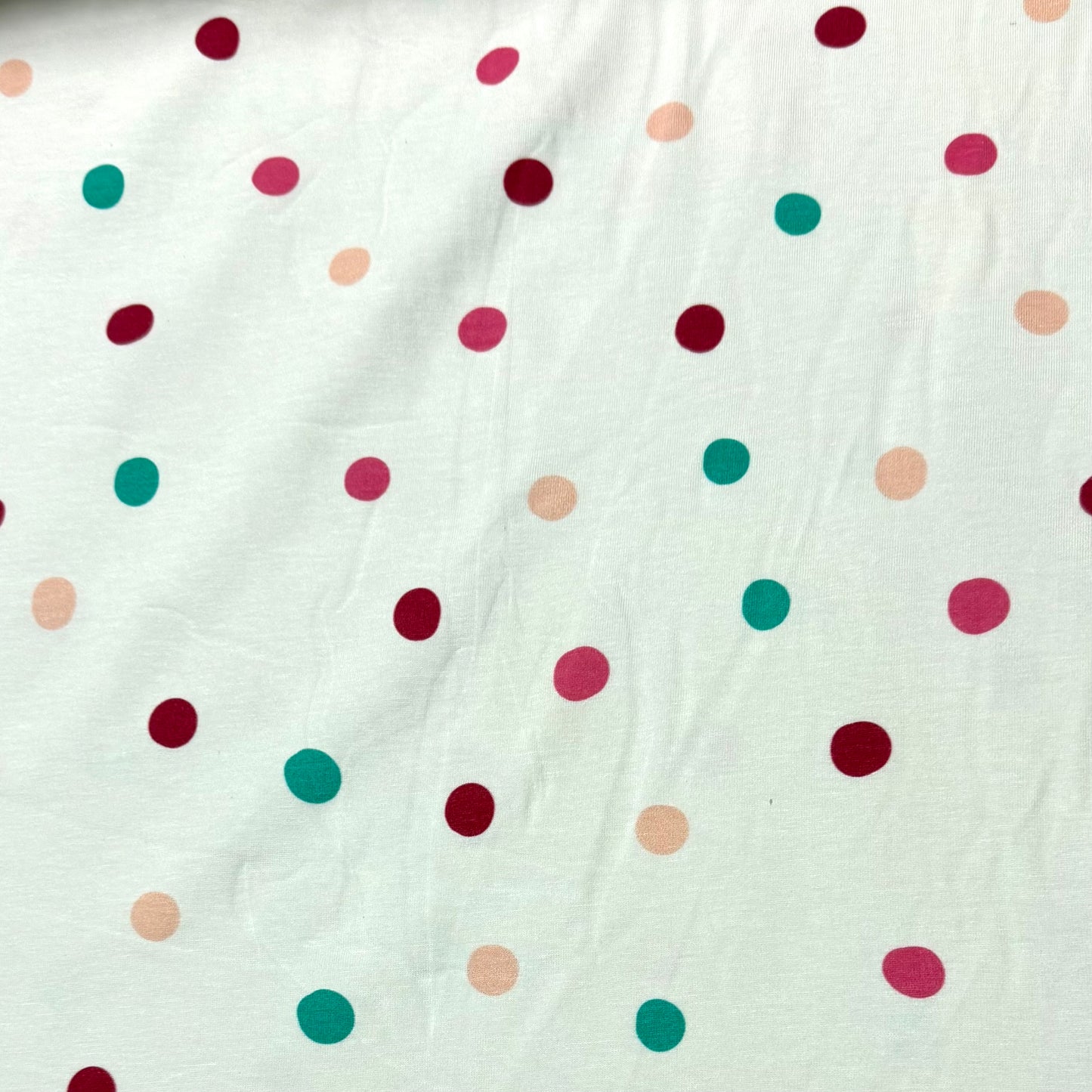 Pink, Rose and Teal Dots on Off White Bamboo/Spandex Jersey Fabric - Printed in the USA