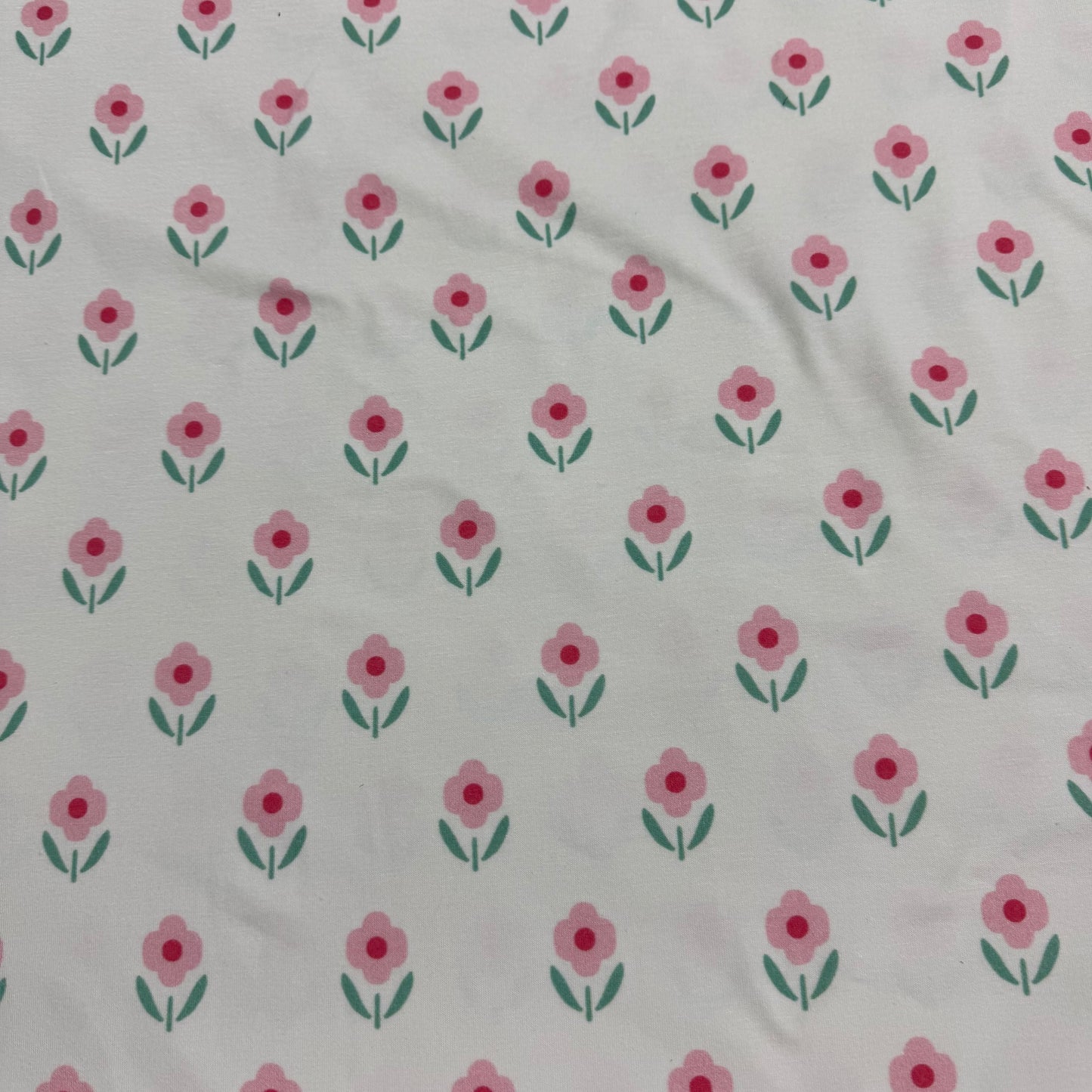 Pink Daisies on Off White Bamboo/Spandex Jersey Fabric - Printed in the USA