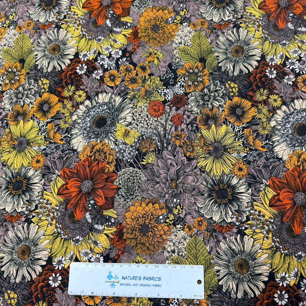 Nature's Fabrics: Vibrant floral print fabric with autumn flowers, organic cotton, by the yard