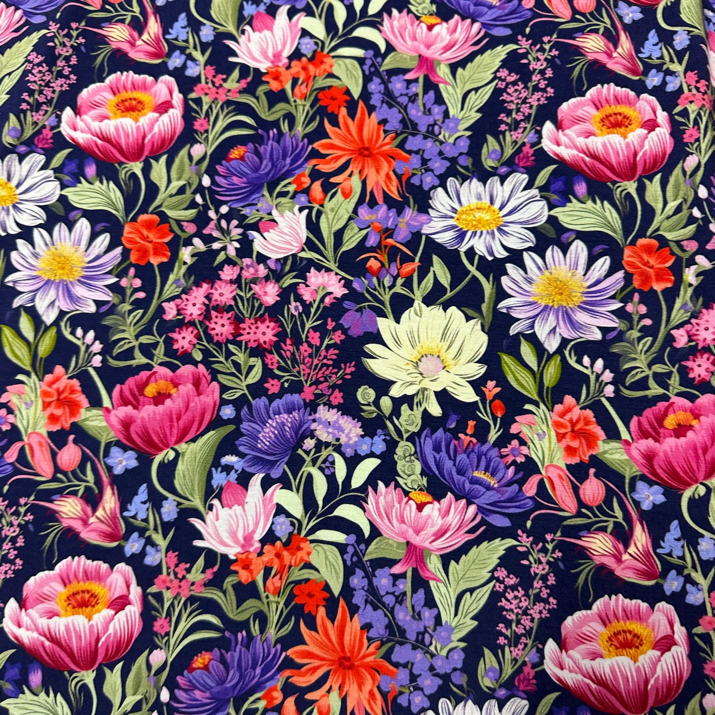 Pink and Purple Flowers on Bamboo/Spandex Jersey Fabric