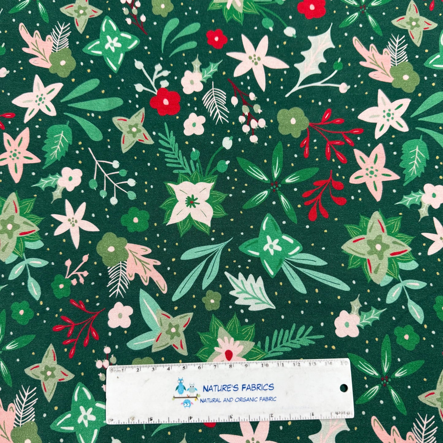 Winter Floral on Green Bamboo/Spandex Jersey Fabric - 200GSM