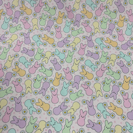Nature's Fabrics pastel colored bunny and flower pattern on fabric