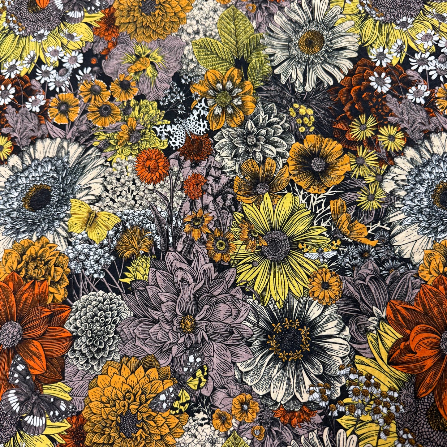 Pen and Ink Fall Flowers on Organic Cotton/Spandex Jersey Fabric