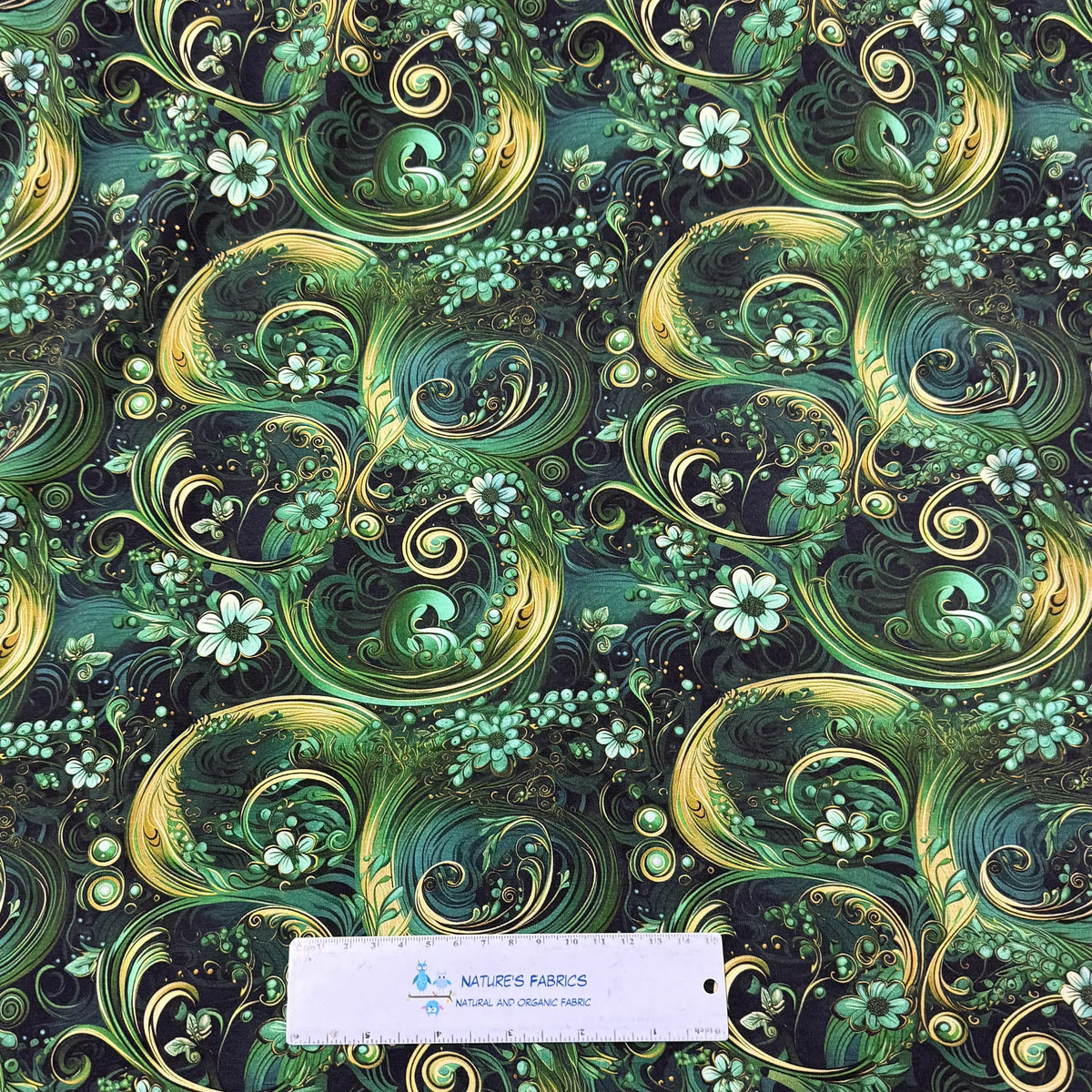 Nature's Fabrics green floral swirl pattern fabric with gold accents, organic cotton by the yard