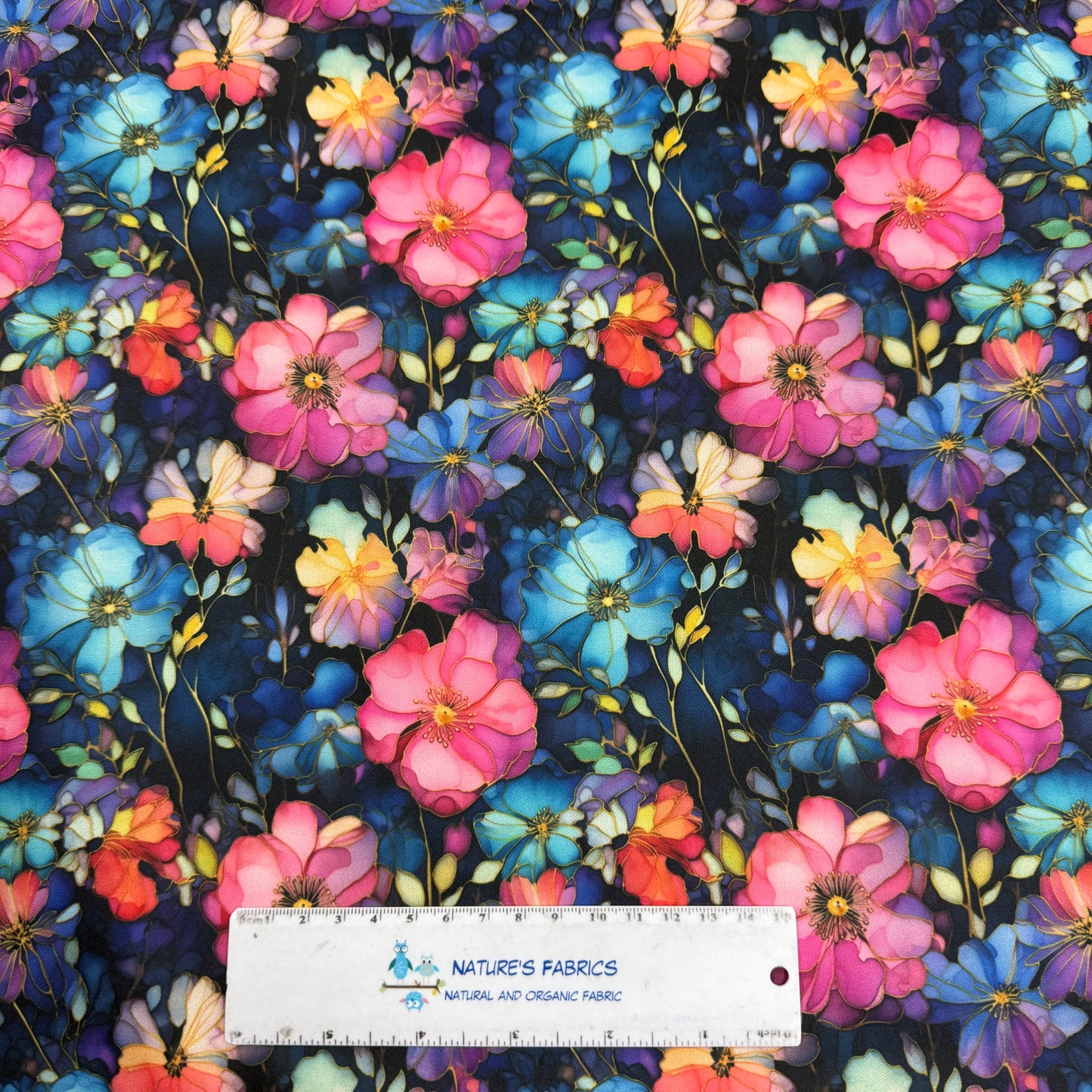 Pink and Blue Wild Roses on 1 mil PUL Fabric - Made in the USA