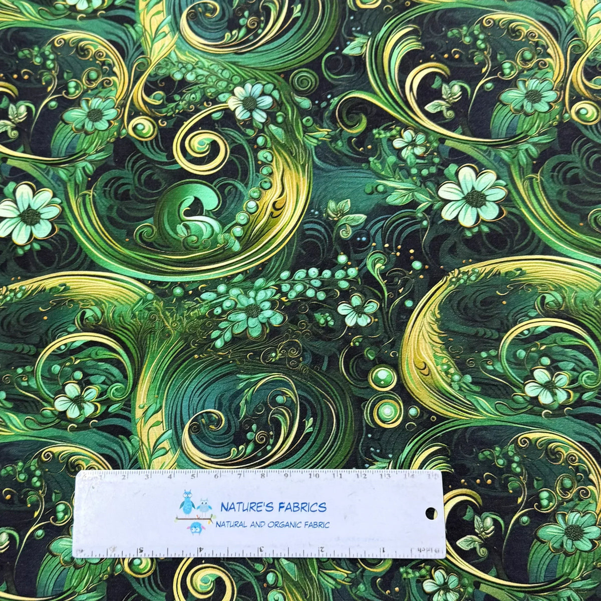 Nature's Fabrics green floral swirl pattern fabric with gold accents, natural organic cotton by the yard