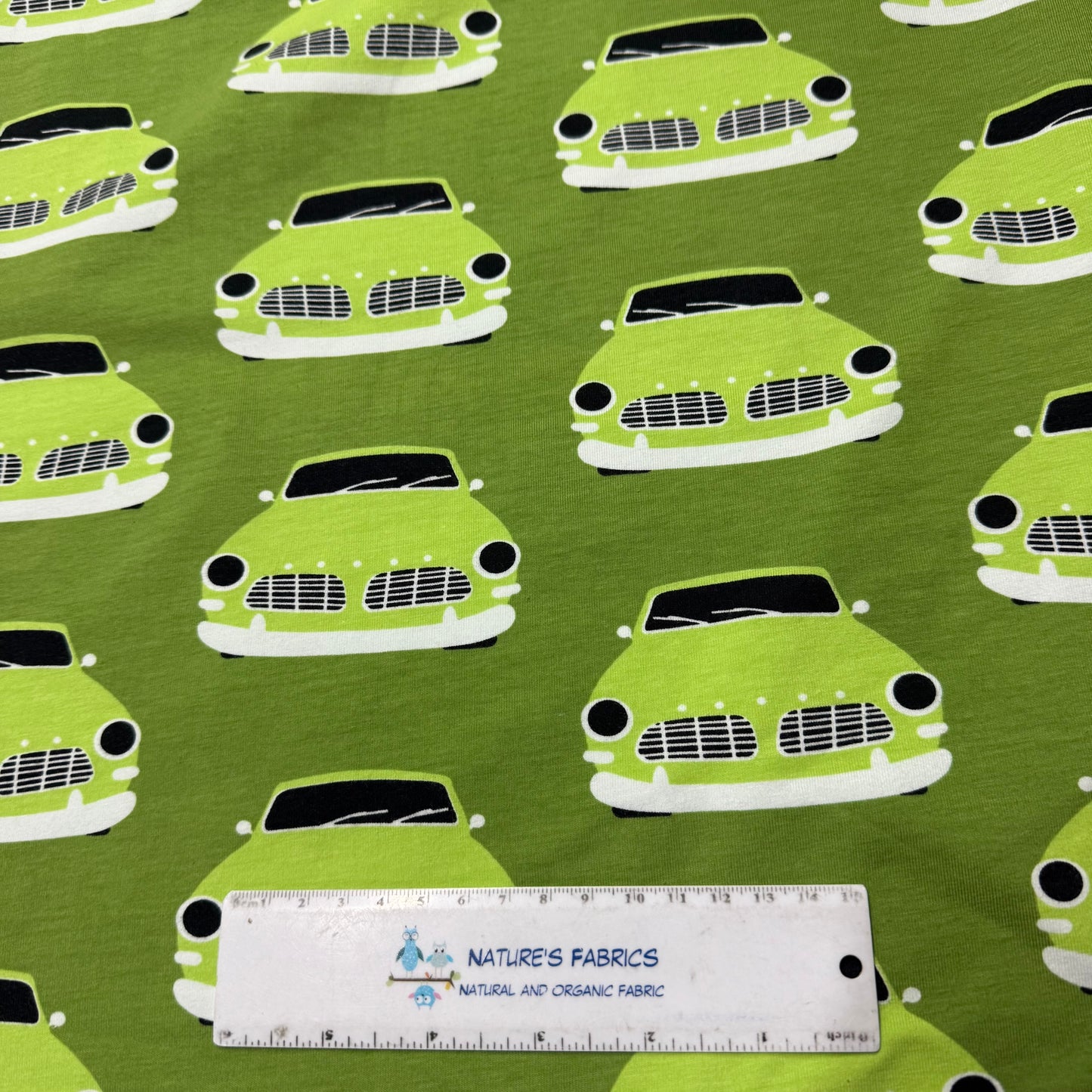 Green Vintage Cars on Green Organic Cotton/Spandex Jersey Fabric