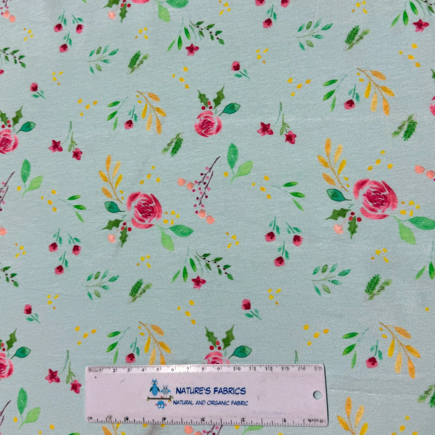Winter Roses on Teal Bamboo/Spandex Jersey Fabric - Printed in the USA