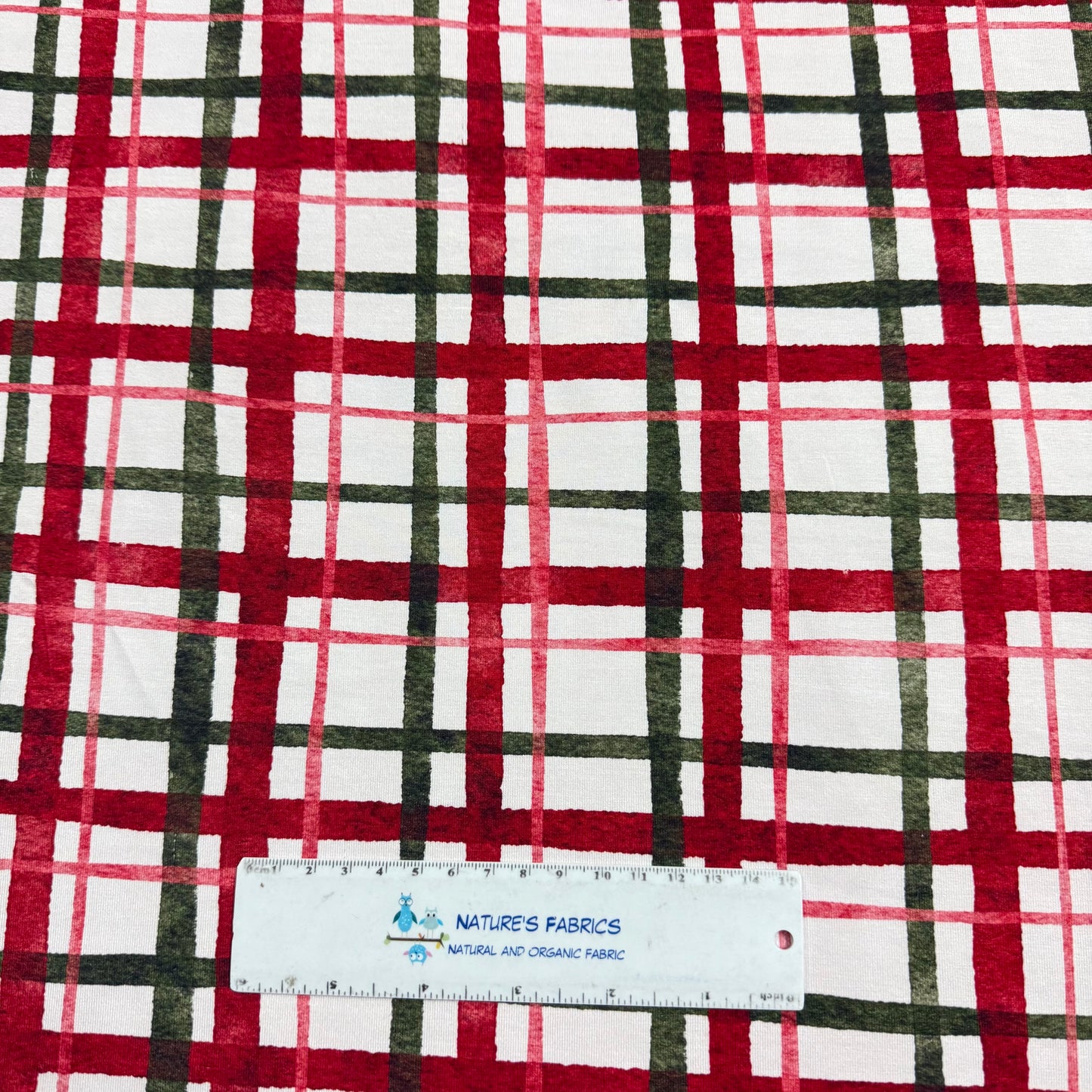 Red and Green Plaid on White Bamboo/Spandex Jersey Fabric - 200GSM