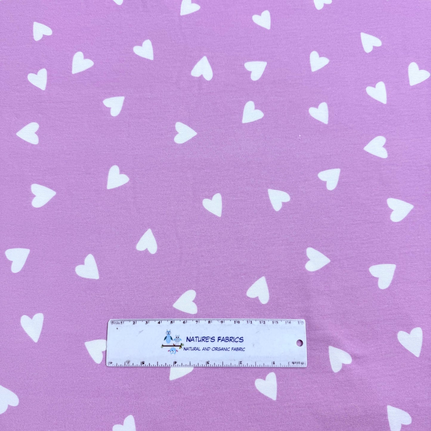 Off White Hearts on Lilac Bamboo/Spandex Jersey Fabric - Printed in the USA
