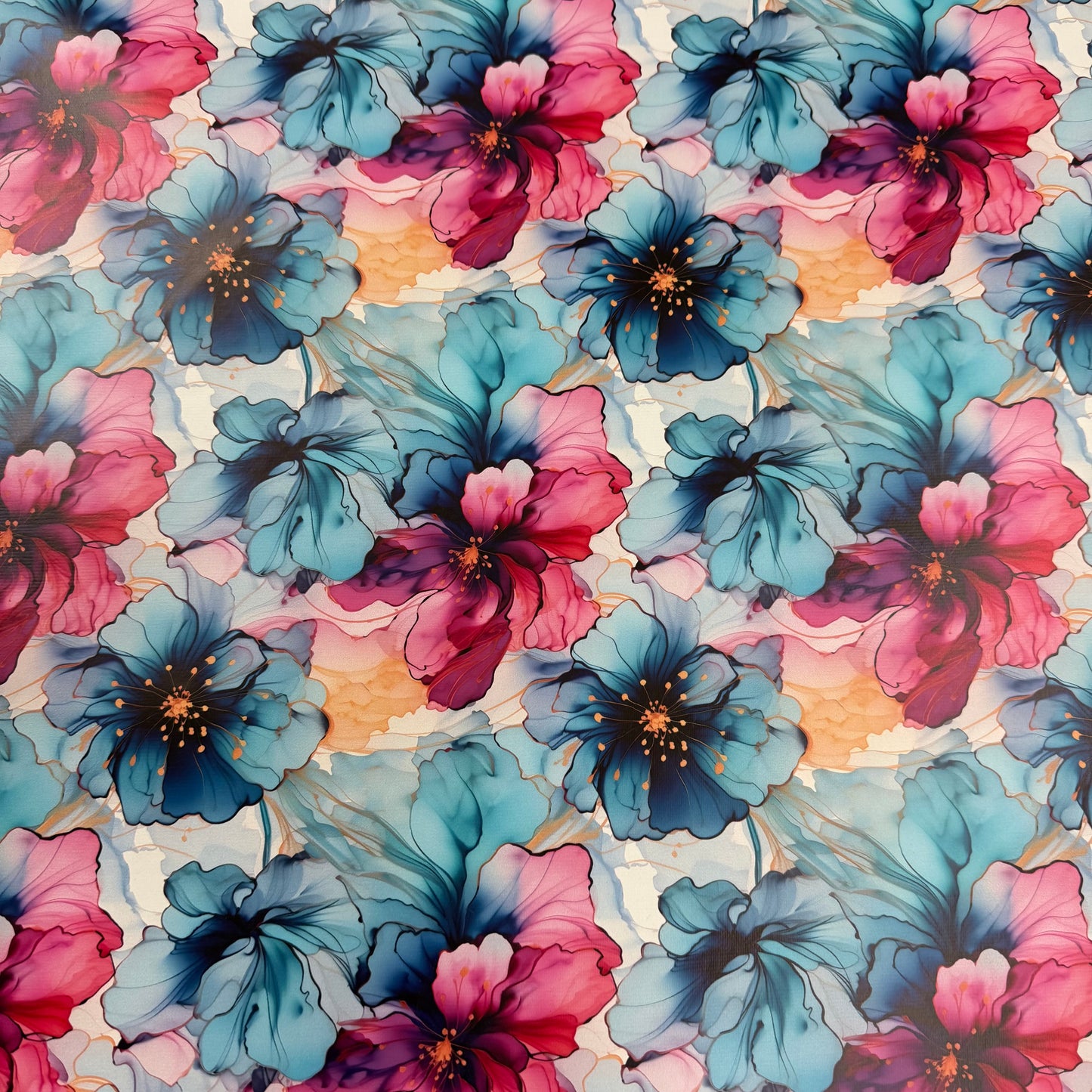 Magenta and Blue Flowers on Smooth Vinyl Fabric