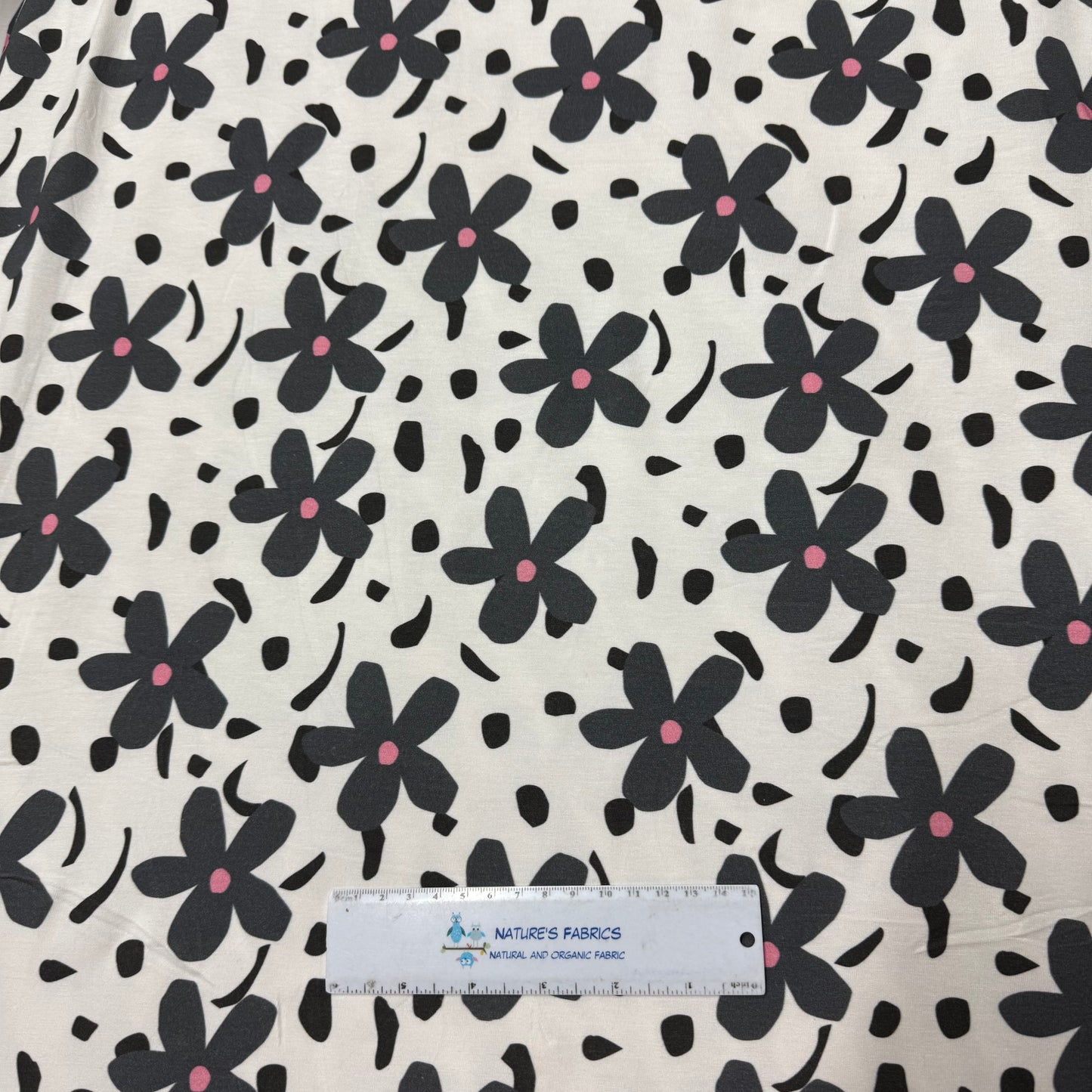 Dark Gray Flowers on Off White Bamboo/Spandex Jersey Fabric - Printed in the USA