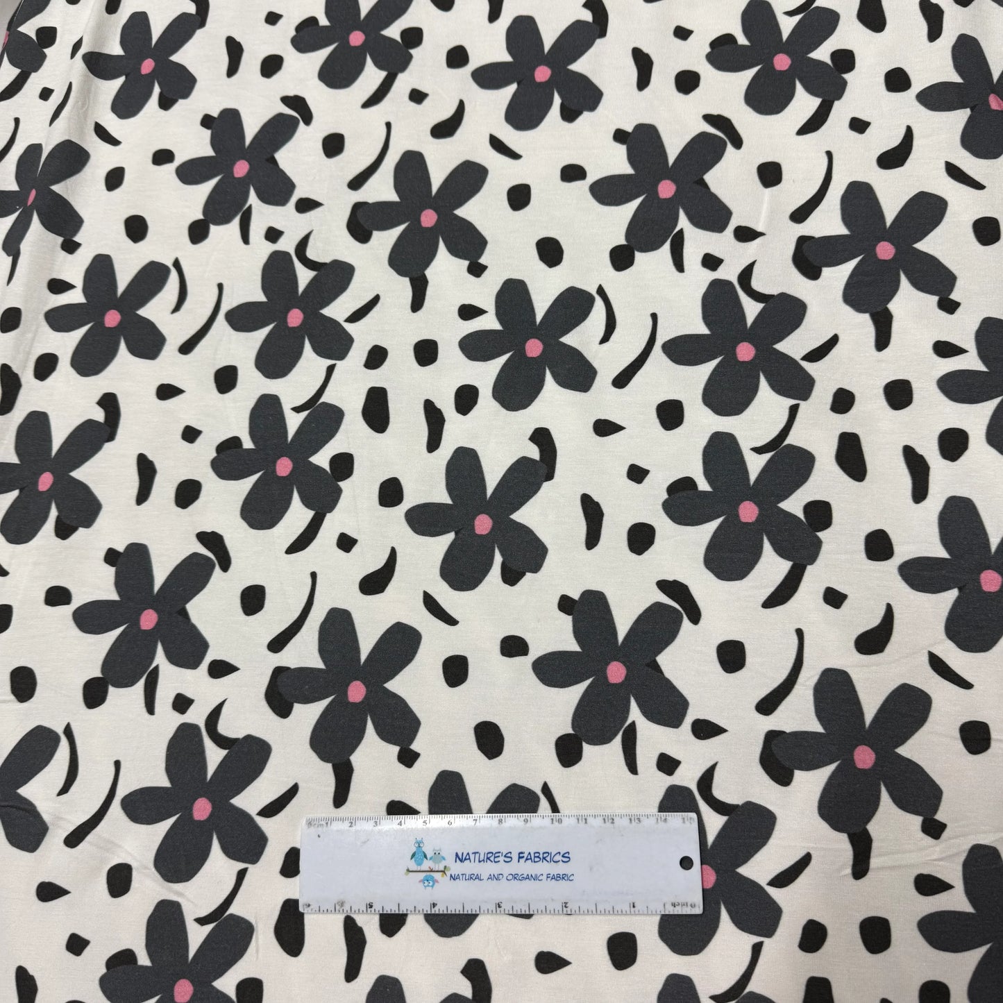 Dark Gray Flowers on Off White Bamboo/Spandex Jersey Fabric - Printed in the USA