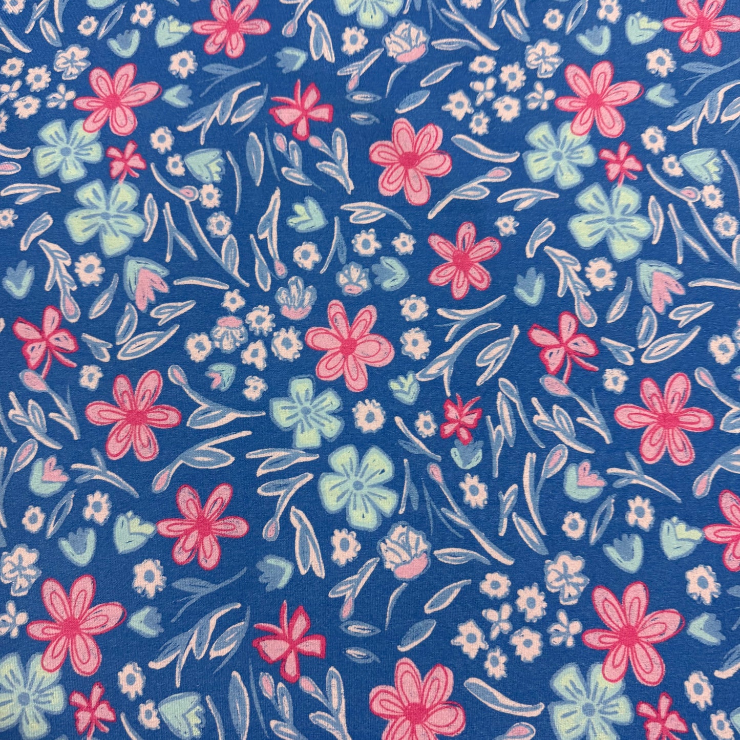 Pink and Blue Floral on Blue Bamboo/Spandex Jersey Fabric - 200GSM