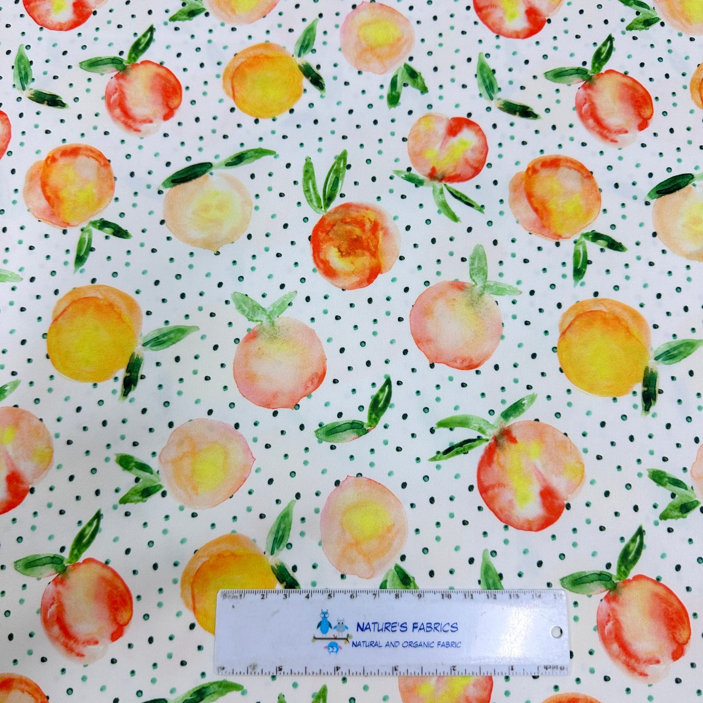 Watercolor Peaches on White 1 mil PUL Fabric- Made in the USA