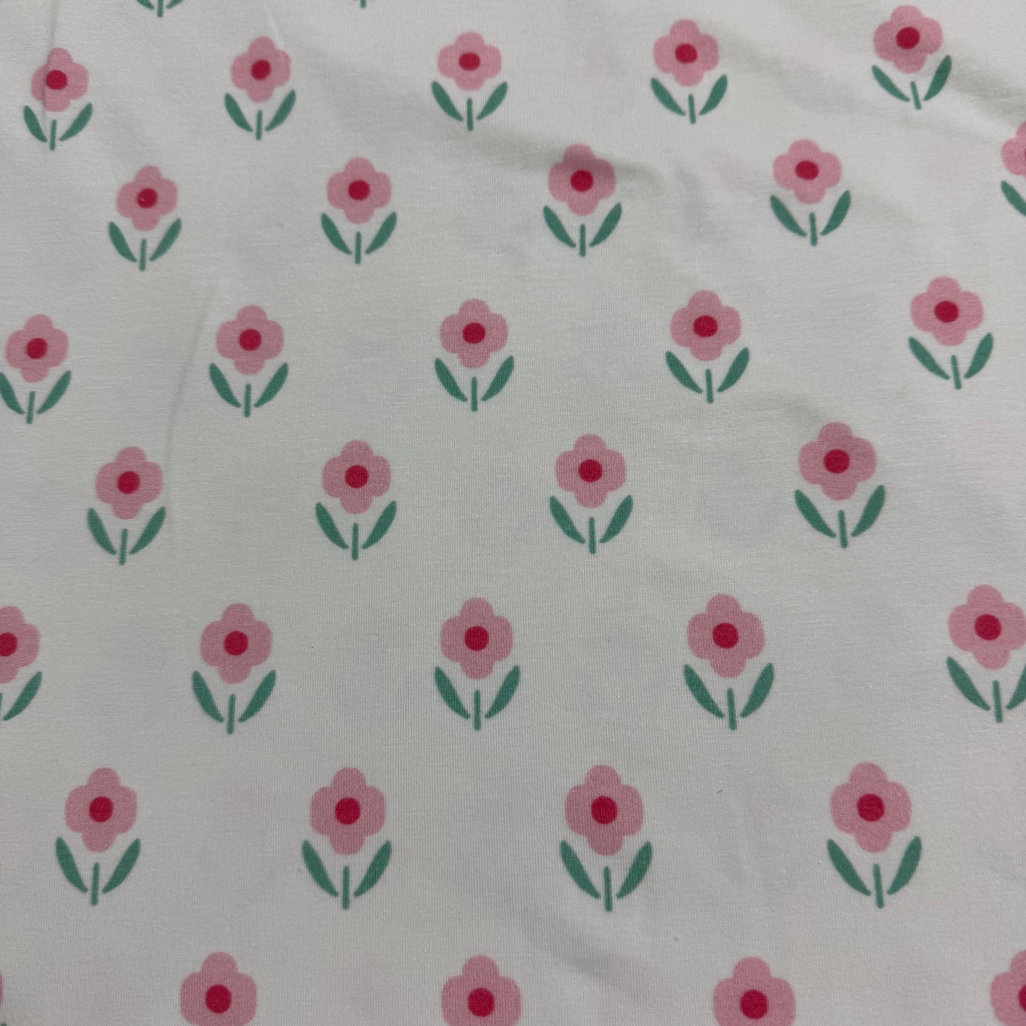 Pink Daisies on Off White Bamboo/Spandex Jersey Fabric - Printed in the USA