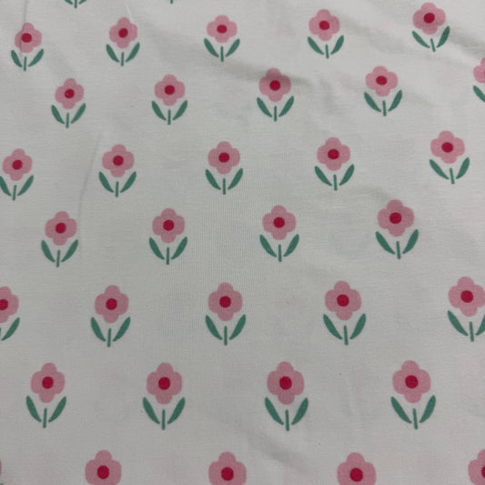 Pink Daisies on Off White Bamboo/Spandex Jersey Fabric - Printed in the USA