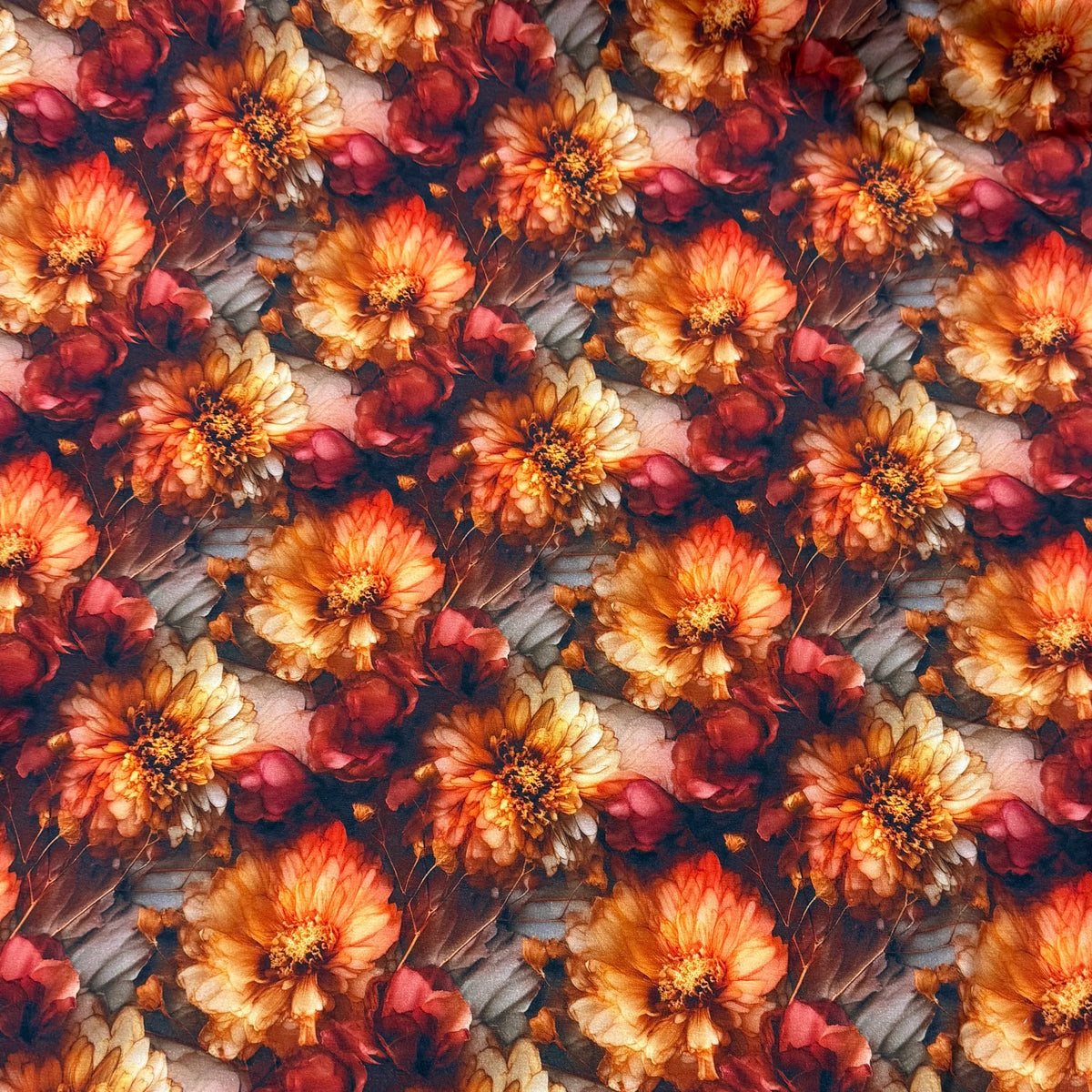 Nature's Fabrics floral print fabric with orange and red blossoms.