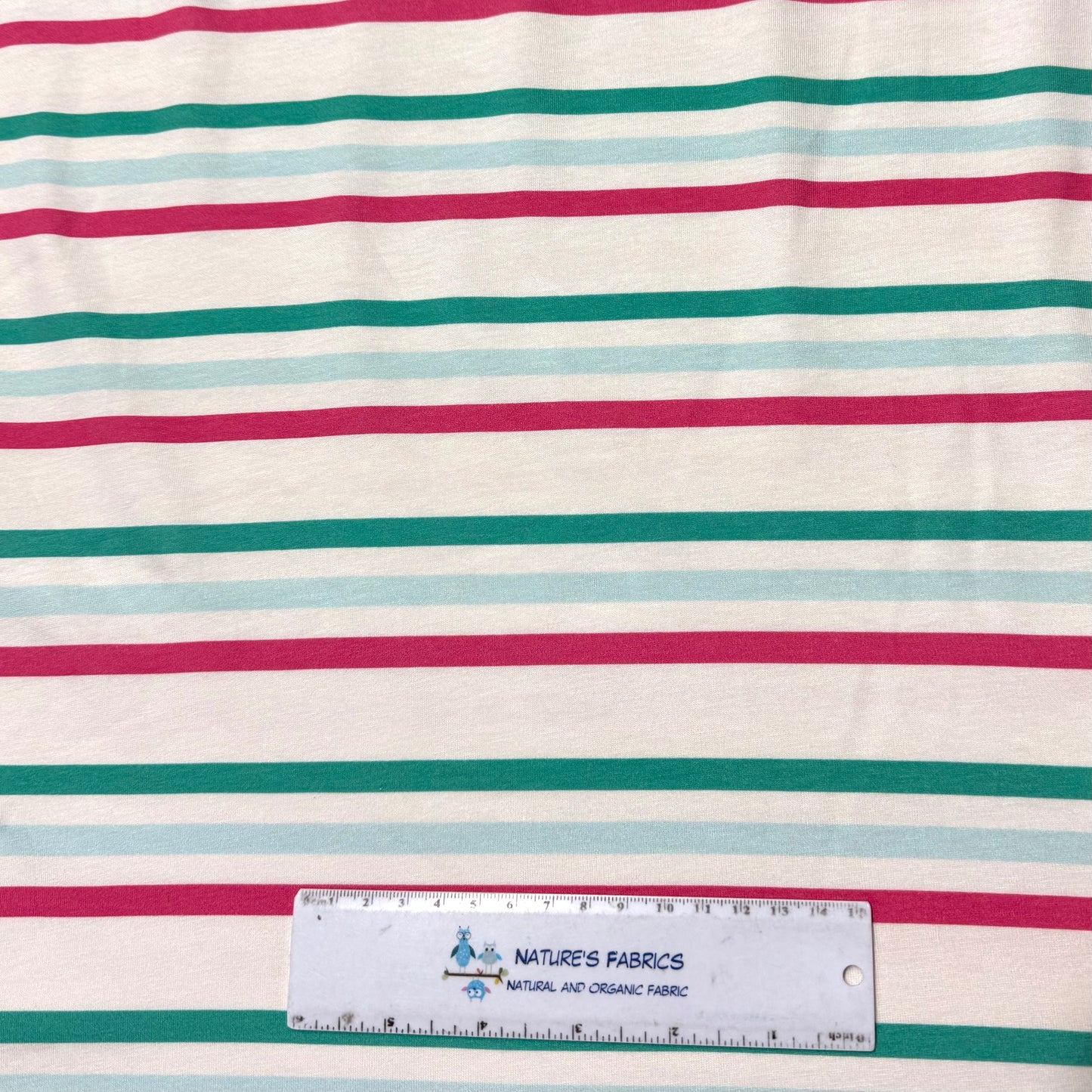 Blue, Jade, and Hot Pink Stripes on Off White Bamboo/Spandex Jersey Fabric - Printed in the USA